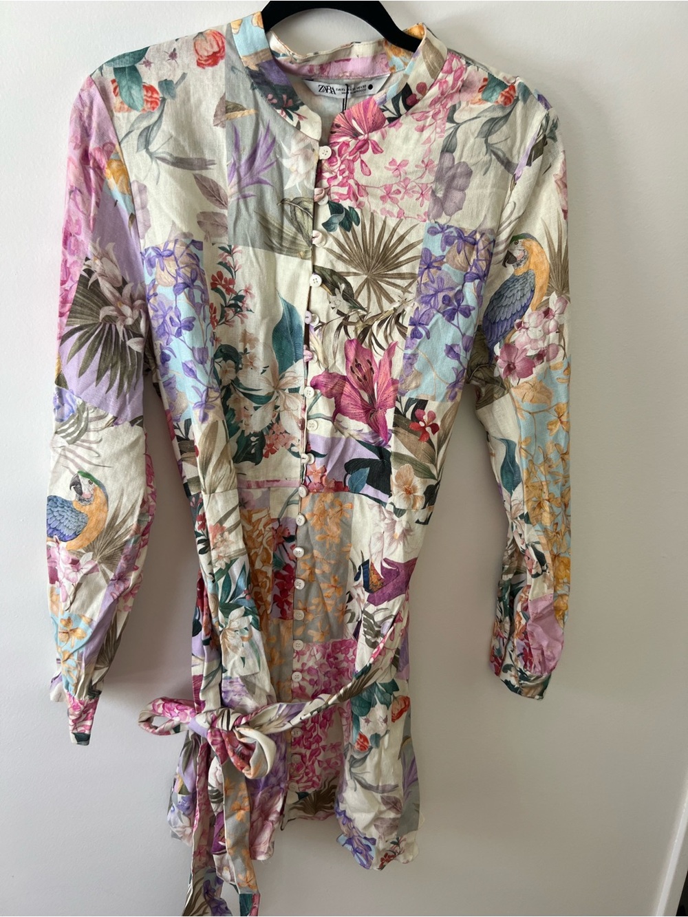 Zara Multicolor Floral & Parrot Print Band Collar Shirt
